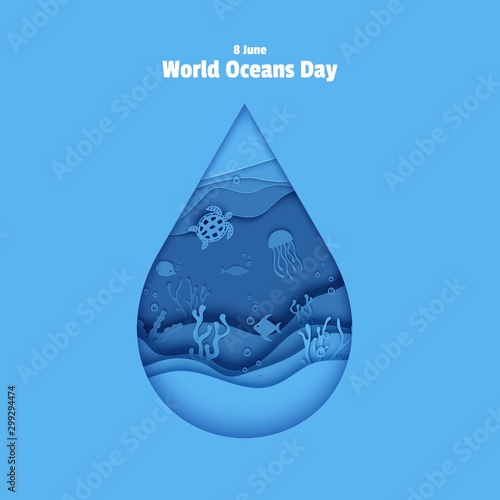 Paper cut drop form depth under water sea cave with fishes, coral reef, seabed in algae, waves. World Oceans Day 8 June. Diving concept, deep blue marine life. Vector sea wildlife.