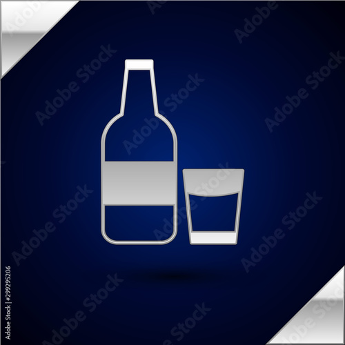 Silver Closed glass bottle with milk and glass icon isolated on dark blue background. Vector Illustration