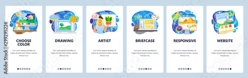 Mobile app onboarding screens. Artist painting, drawing, house project, responsive design. Menu vector banner template for website and mobile development. Web site design flat illustration