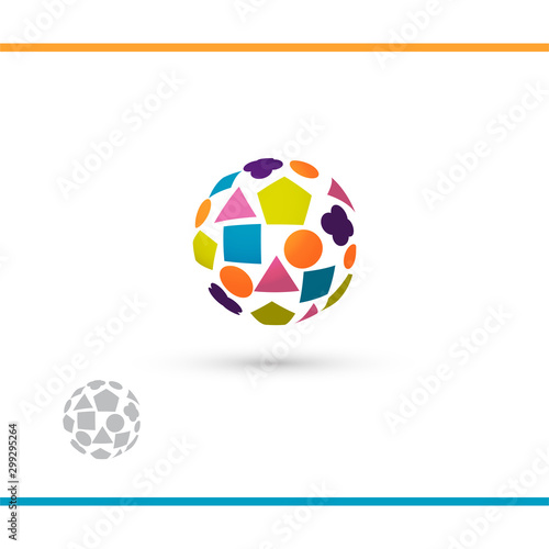 Colorful globe with shapes. Logo for school, kindergarden or toys. Watermark vesion. Vector logo design template