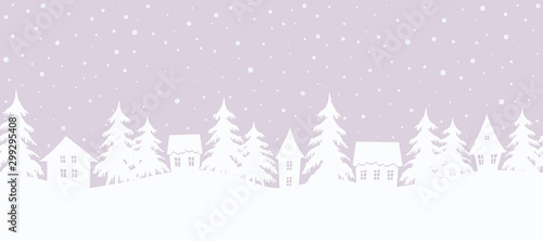 Winter village. Christmas background. Fairy tale winter landscape. Seamless border. There are white houses and fir trees on a purple background. Vector illustration