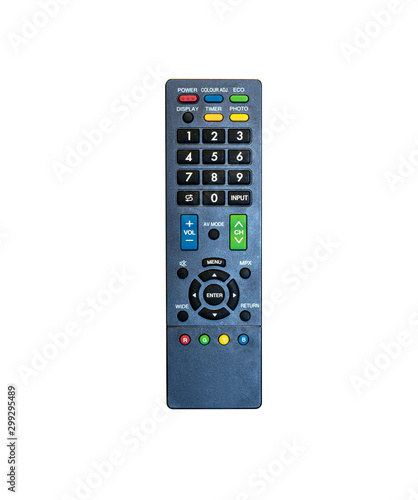 Infrared remote control for TV satellite receiver isolated on white background.