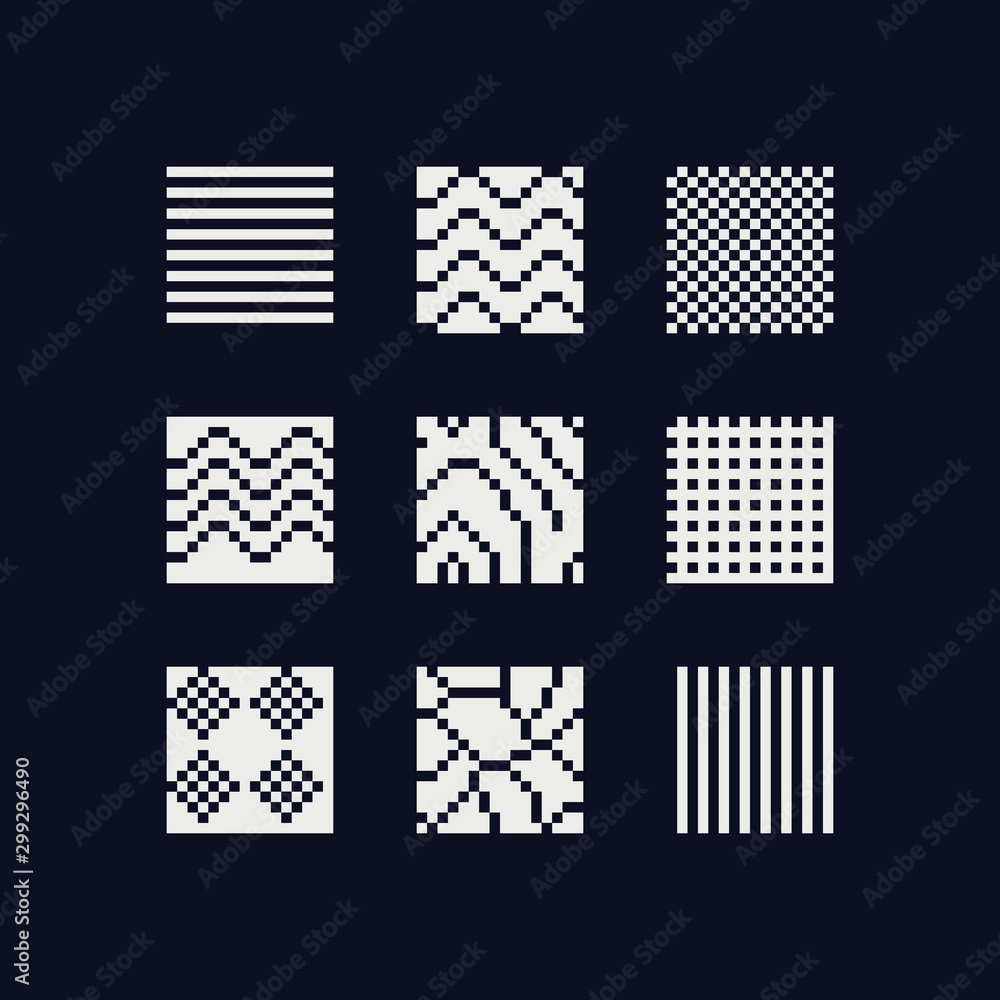 Abstract seamless tiles logo set pixel art style background. Isolated vector monochrome illustration. 8-bit. Design for stickers, logo, mobile app.