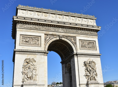 View of Arc de Triomphe from Champs Elysees with blue sky. Paris, France. © JB