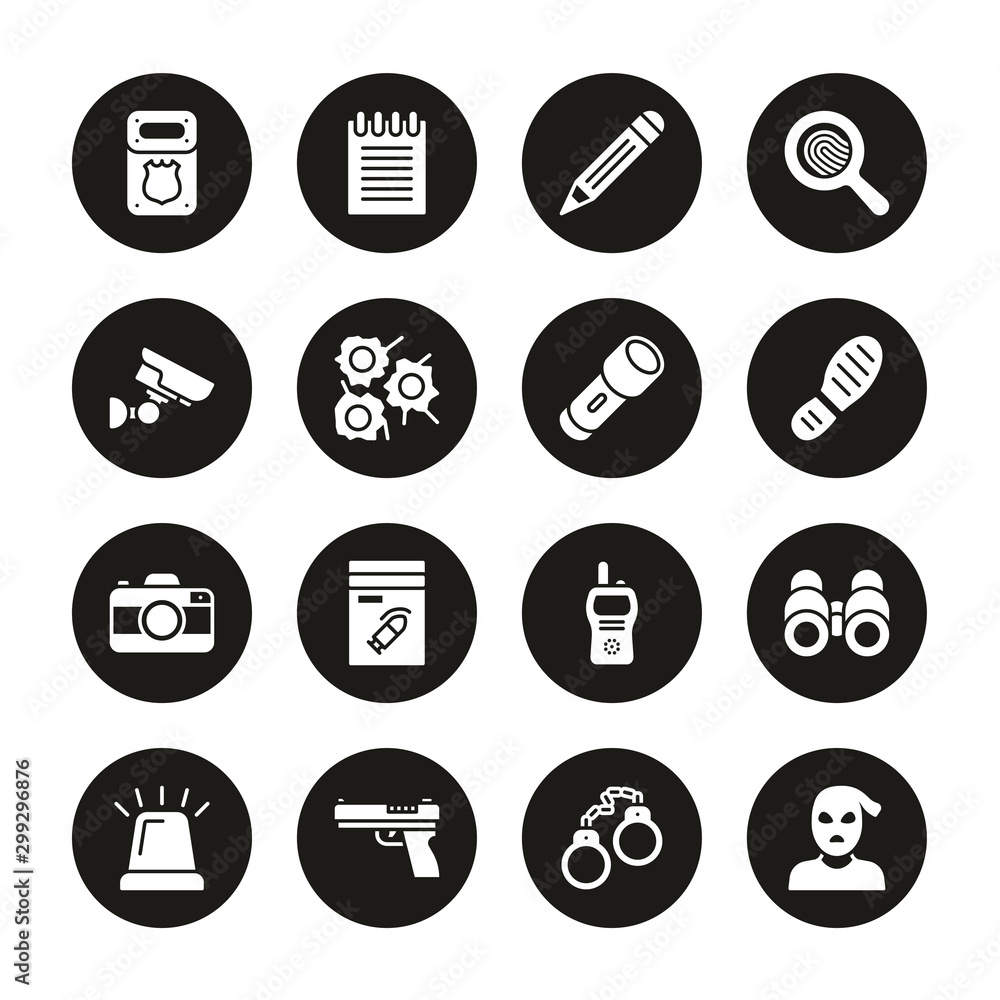 Police Detective Icons White On Black Circle Set Police Detective Icons White On Black Circle Set