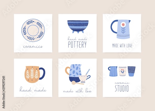 Handmade ceramics flat vector illustration set. Porcelain dishware collection. Decorative pottery workshop social media banners pack. Home and restaurant faience. Clean tableware made with love.