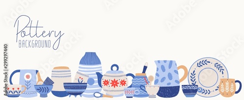 Handmade pottery flat vector illustration. Clean dinnerware background. Beautiful tableware isolated on white. Porcelain, faience, ceramic dishes. Stylish cookware and kitchen utensils.