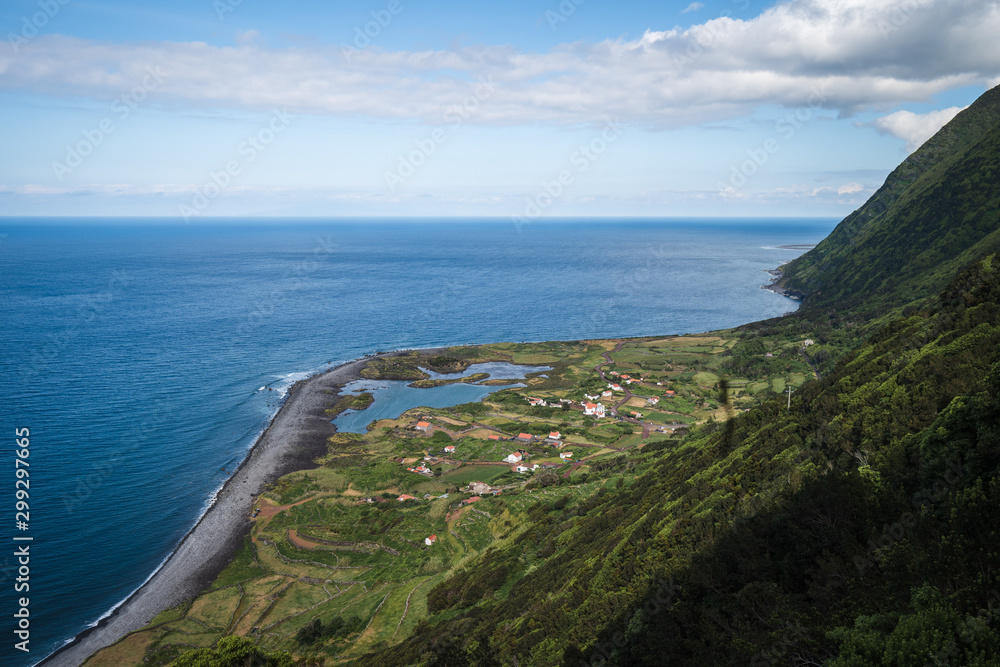 High angle view of the Coastline of Sao Jorge, with cliffs and the famous Fajãs, Sao Jorge Island, Azores Islands, Portugal