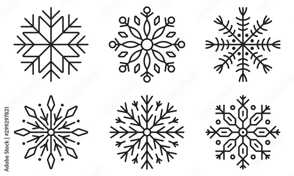 Snowflake icon set. Winter, Christmas design elements. Snow flake silhouette. Vector illustration.