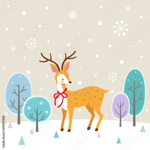 Cute deer on winter wood background