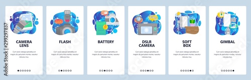 Mobile app onboarding screens. Digital photo camera and flash, photography, lens, gimbal. Menu vector banner template for website and mobile development. Web site design flat illustration