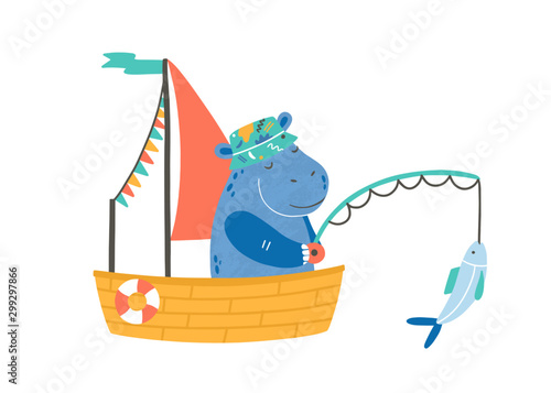 Funny hippopotamus in boat flat vector illustration