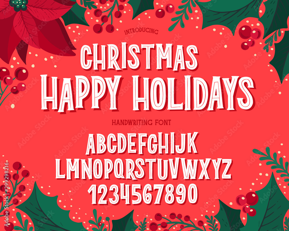 Plakat Czcionka świąteczna. Alfabet typografii świątecznej z ilustracjami świątecznymi i życzeniami sezonu.