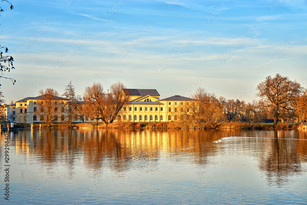 View of the Marstall building on Lake Schwerin. Mecklenburg-Vorpommern, Germany