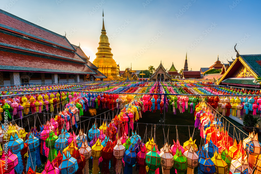 The Beautiful Lanna lamp lantern are northern thai style lanterns in Loi Krathong or Yi Peng Festival at Wat Phra That Hariphunchai is a Buddhist temple in Lamphun, Thailand.