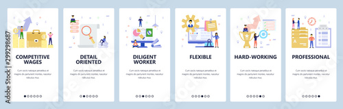 Mobile app onboarding screens. Business and office workspace, team work, achievements, contract. Menu vector banner template for website and mobile development. Web site design flat illustration