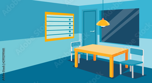 Interrogation room in police station, empty interior for questioning crimes with table and two chair, height scale and glass window, door, place for interview arrested people. Vector flat illustration