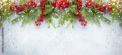 Christmas or winter background with a border of green and frosted evergreen b...