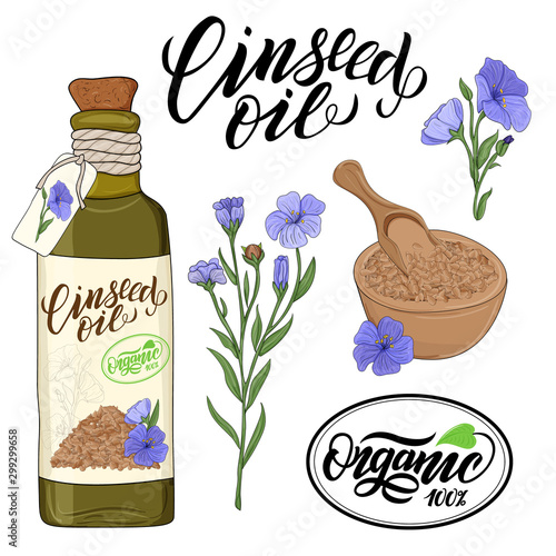 bottle of linseed oil and flax flower elements