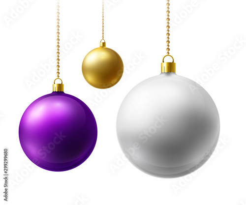 Realistic Multi-colored matte Christmas balls hanging on gold beads chains