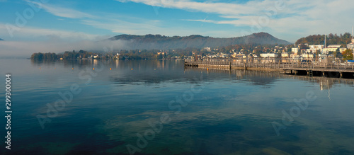 Fantastic view of the Traunsee and the skyline of Gmunden, OÖ, Austria, reflecting on the water surface