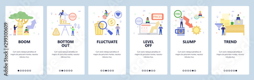 Mobile app screens. Financial and trading, stock exchange, business. Menu vector banner template for website and mobile development. Web site design flat illustration