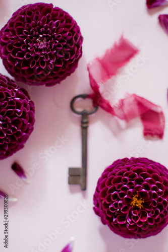 beautiful red dahlia flower and vintage key photo