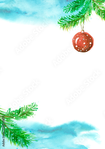 Watercolor branch of spruce, pine with red New Year's toy ball. Drawing on the isolation of a white background, can be used for greeting cards and other design. Symbol of the new year. Christmas Tree 