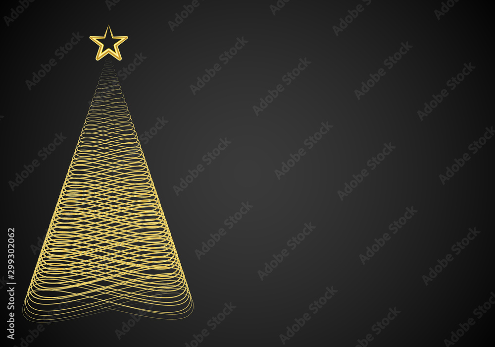 Postal de navidad con árbol dorado sobre fondo negro.