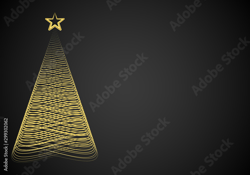 Postal de navidad con árbol dorado sobre fondo negro.