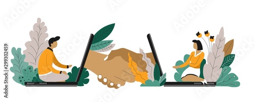 Freelance and distant communication workers at laptop online interview