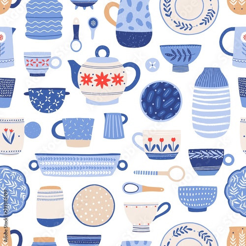 Modern ceramics flat vector seamless pattern. Handmade dinnerware background. Decorative tableware and utensils backdrop. Creative wallpaper, textile, wrapping paper design in cartoon style.