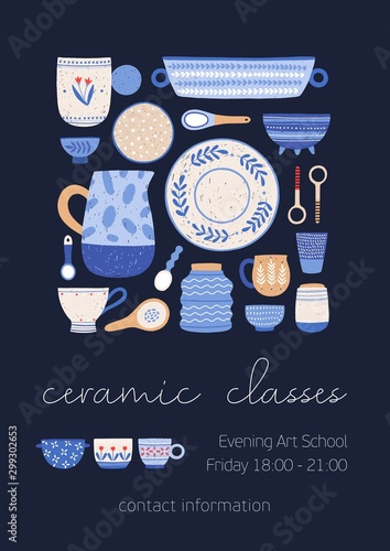 Ceramic classes vector poster template. Porcelain workshop banner layout. Hand drawn modern tableware on dark blue background. Evening art school advertisement with place for text.