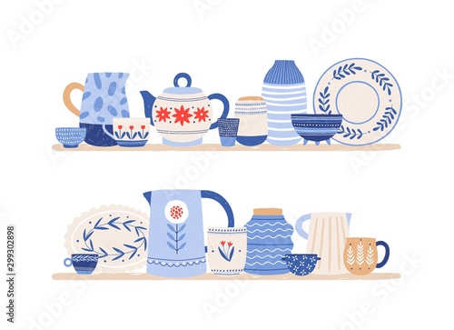 Beautiful handmade ceramics on shelves flat vector illustration. Clean dishes. Decorative tableware isolated on white background. Kitchen utensils and dinnerware. Restaurant faience.