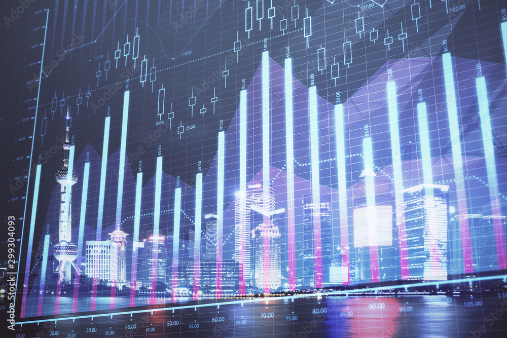 Financial graph on night city scape with tall buildings background double exposure. Analysis concept. Financial graph on night city scape with tall buildings background double exposure. Analysis concept.
