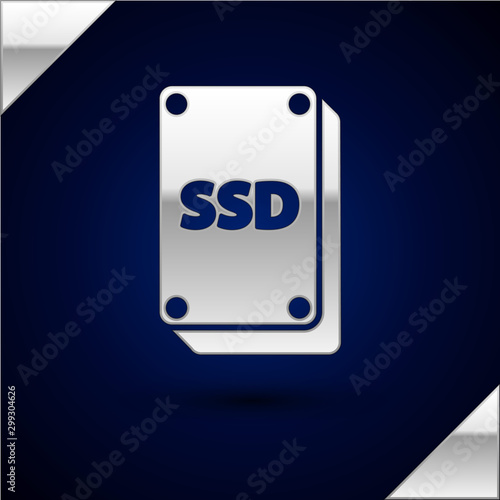 Silver SSD card icon isolated on dark blue background. Solid state drive sign. Storage disk symbol. Vector Illustration