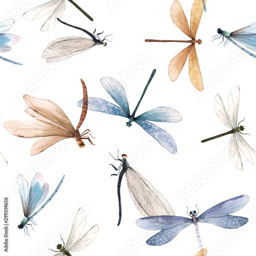 Watercolor vector summer dragonfly insect colourful seamless pattern