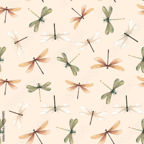 Watercolor vector summer dragonfly insect colourful seamless pattern