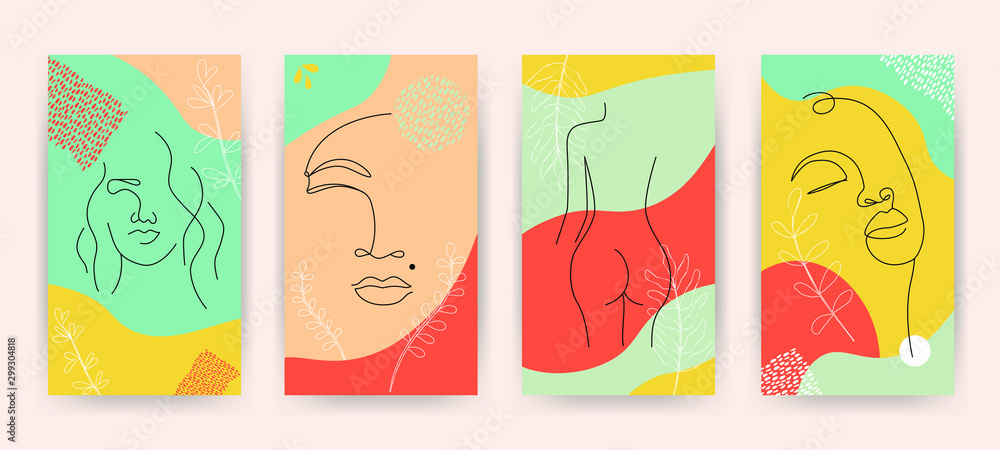 Abstract line drawing faces set. modern continuous line art woman portrait minimalist contour in trendy abstract style for posters, wall art, tote bag, t-shirt print