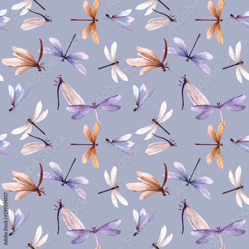 Watercolor vector summer dragonfly insect colourful seamless pattern