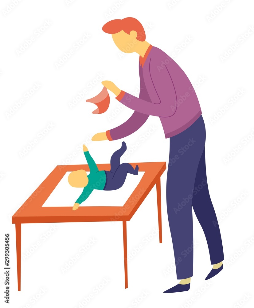 Fototapeta premium Father changing sons diaper on table child care and fatherhood
