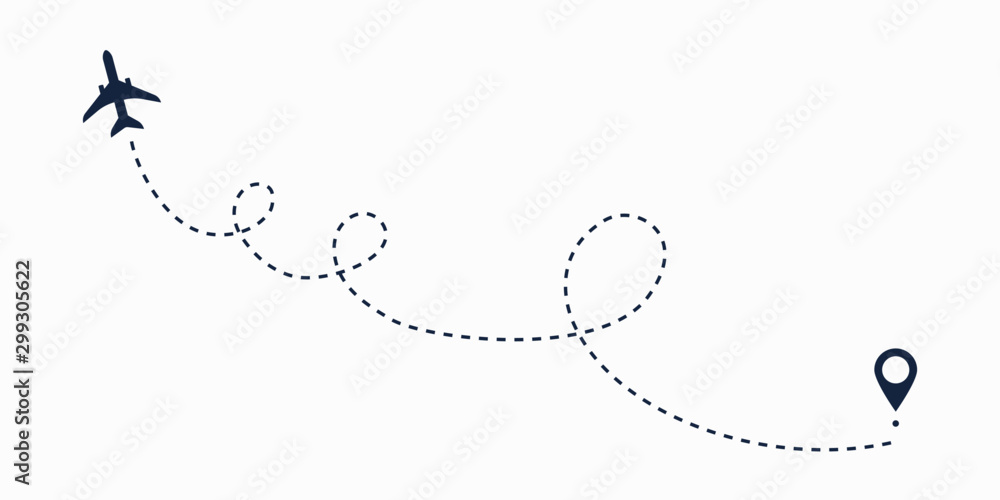 Airplane line path route. Travel vector icon with start point and dash line trace, plane routes flight air dotted map drawing isolated illustration Airplane line path route. Travel vector icon with start point and dash line trace, plane routes flight air dotted map drawing isolated illustration