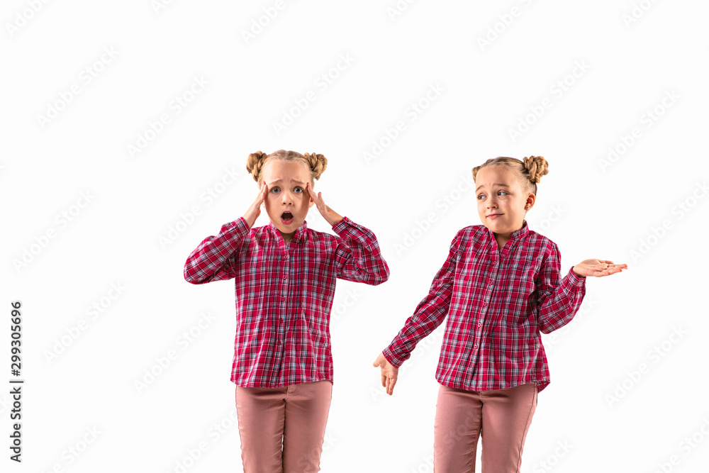 Young handsome girl arguing with herself on white studio background. Concept of human emotions, expression, mental issues, internal conflict, split personality. Half-length portrait. Negative space. Young handsome girl arguing with herself on white studio background. Concept of human emotions, expression, mental issues, internal conflict, split personality. Half-length portrait. Negative space.