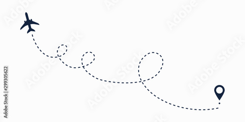 Airplane line path route. Travel vector icon with start point and dash line trace, plane routes flight air dotted map drawing isolated illustration