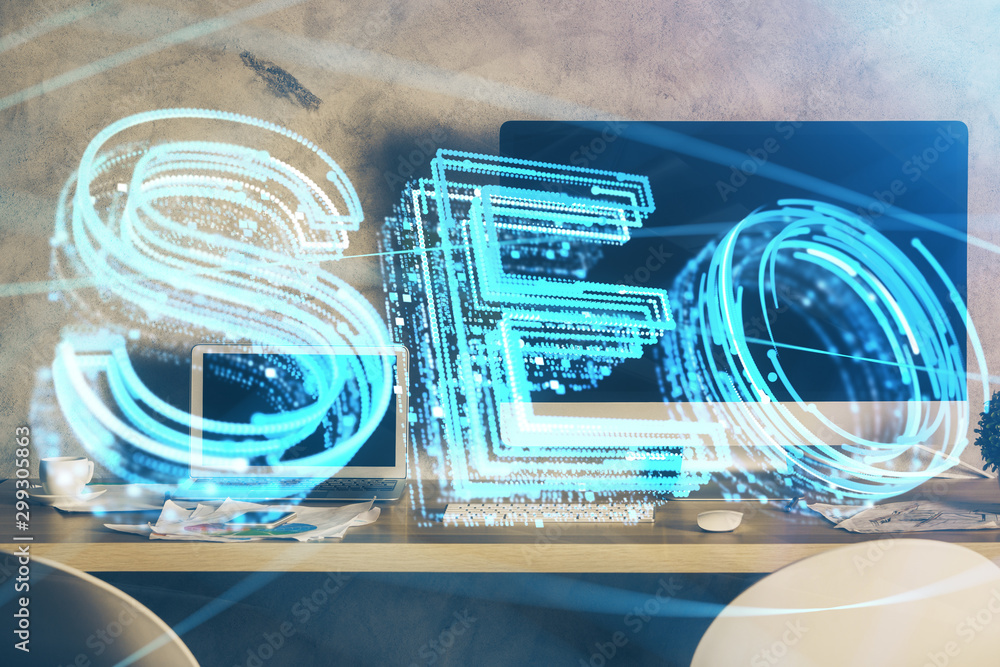 Multi exposure of table with computer and seo drawing hologram. Search optimization concept. Multi exposure of table with computer and seo drawing hologram. Search optimization concept.