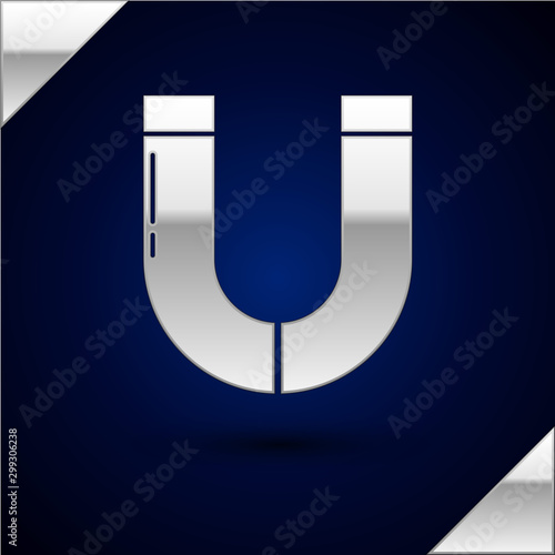 Silver Magnet icon isolated on dark blue background. Horseshoe magnet, magnetism, magnetize, attraction. Vector Illustration