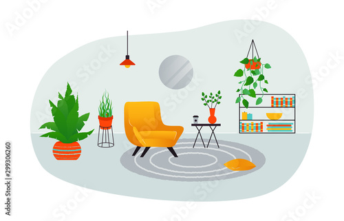 Living room interior design template. Vector cozy apartment flat decor of living room in Scandinavian style. Trendy yellow armchair and plants wooden furniture