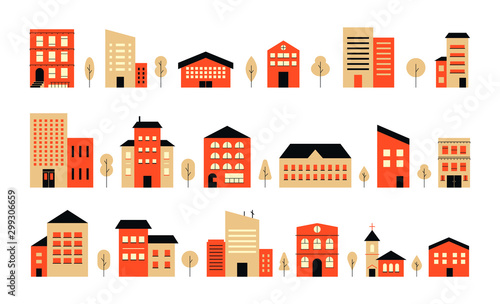 Town building design city landscape. Vector colorful house exterior flat illustration. Residential set houses front view, townhouse building apartment, home facade photo