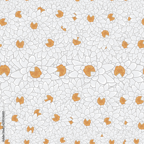 Vector Overlapping White and Orange Water Lily Flowers on White Background Seamless Repeat Pattern. Background for textiles, cards, manufacturing, wallpapers, print, gift wrap and scrapbooking.