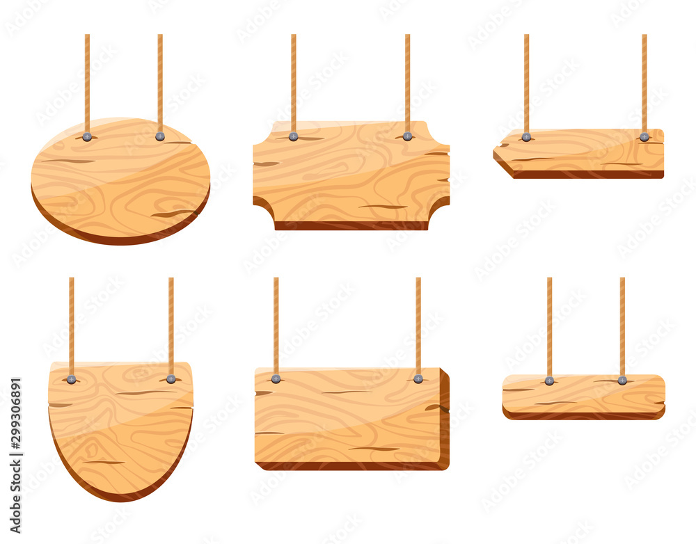 Wooden cartoon signs hanging on a rope isolated on white